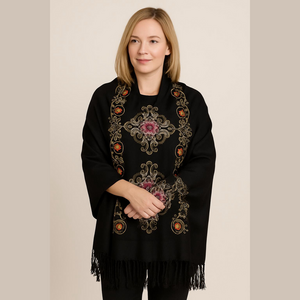 Black Gold Embroidered Ornate Scarf 26 x 54